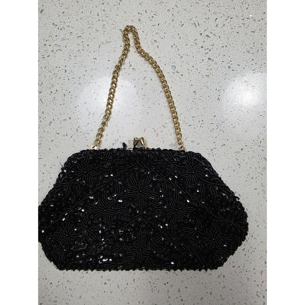 Vintage Black Beaded Handmade Evening bag Gold-tone Chain Kiss Clasp Closure